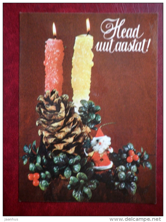 New Year Greeting card - candles - cone - stamped - circulated in Estonia - 1982 - Estonia USSR - used - JH Postcards