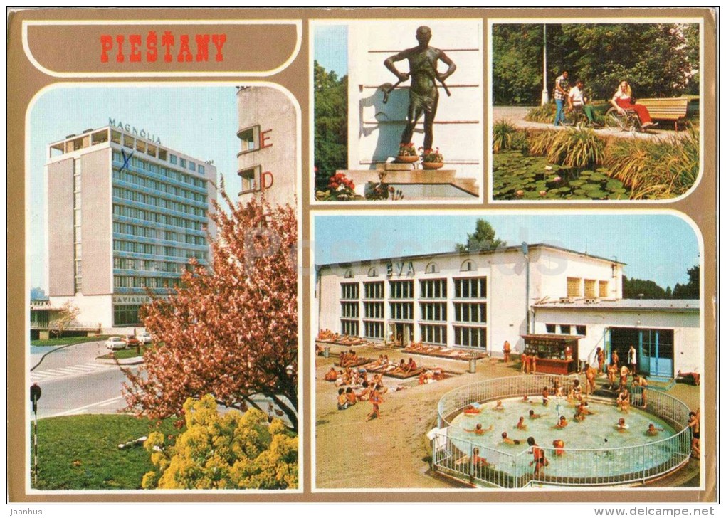 interhotel Magnolia - Kupalisko Eva park - Piestany - pool - sculpture - Czechoslovakia - Slovakia - used - JH Postcards