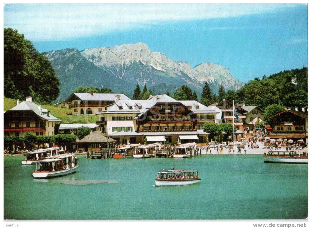 Seeplatz am Königssee mit Unterberg - boot - boat - Germany - 1992 gelaufen - JH Postcards