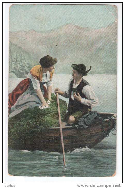 lady and boatman - boat - serie 410 - circulated in Tsarist Russia , 1910 , Estonia , Haapsalu , Reval - used - JH Postcards