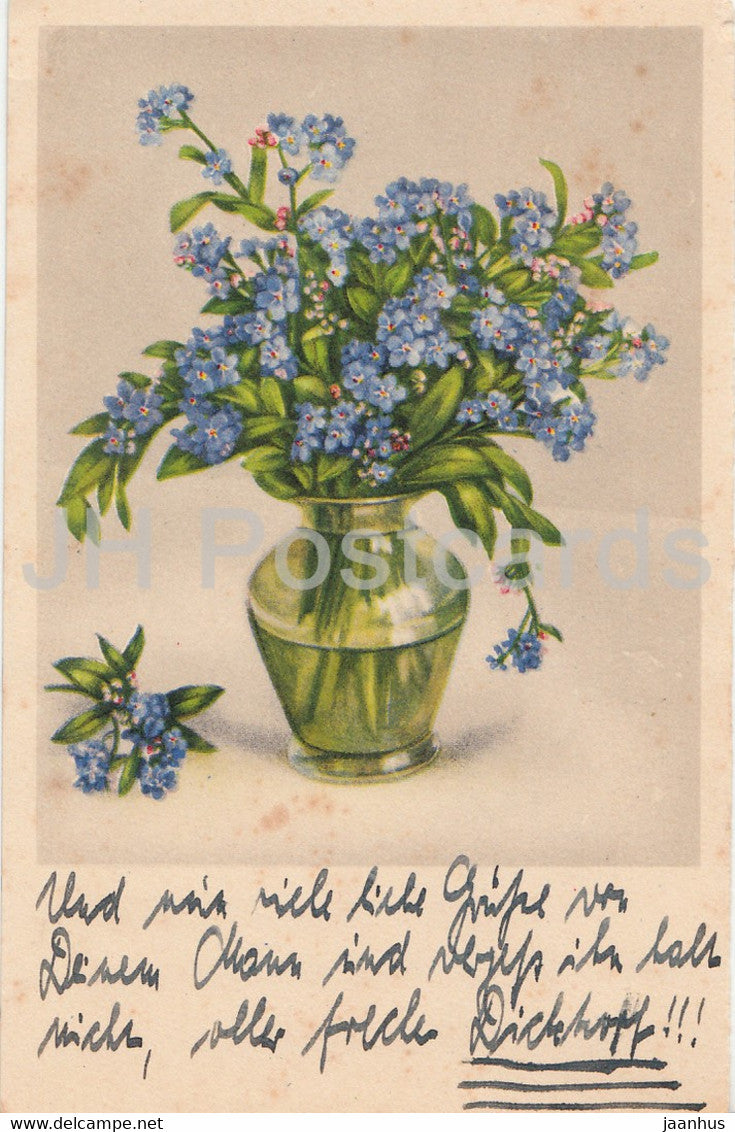 blue flowers in a vase - illustration - old postcard - used - JH Postcards