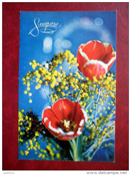 International Women's Day 8. March greeting card - tulips - flowers - 1970 - Russia USSR - used - JH Postcards