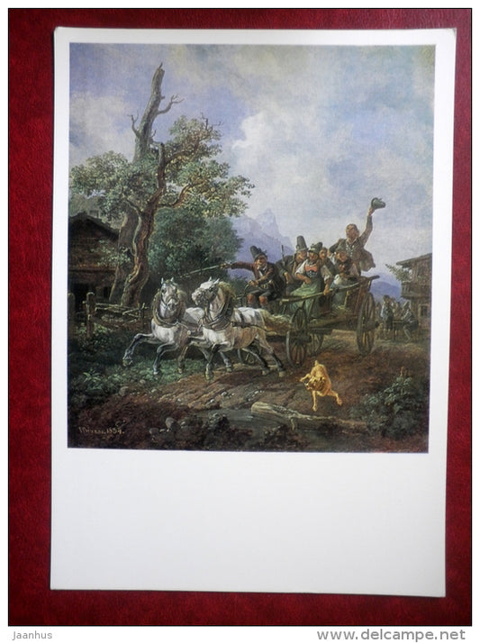 large format postcard - painting by Johann Heinrich Bürkel , Village Scene with a Cart , 1834 - german art - unused - JH Postcards