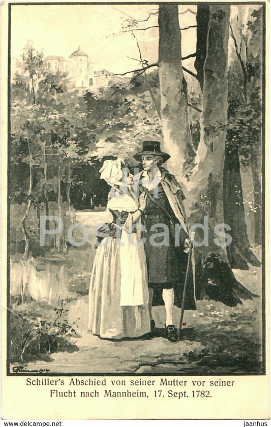 Schiller's Abschied von seiner Mutter vor seiner Flucht nach Mannheim 1782 - illustration - old postcard - Germany used - JH Postcards