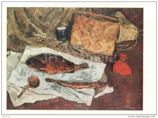 painting by I. Popov - Still Life , 1966 - fish - russian art - unused - JH Postcards