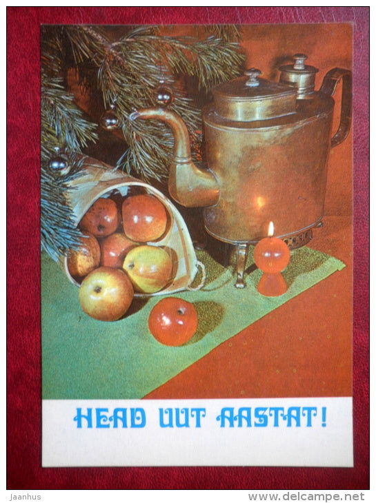 New Year Greeting card - teapot - apples - candle - 1982 - Estonia USSR - used - JH Postcards