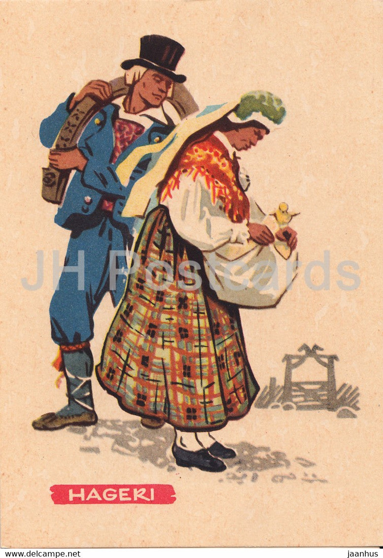 Estonian Folk Costumes - Hageri - illustration by A. Vender - 1960 - Estonia USSR - unused - JH Postcards