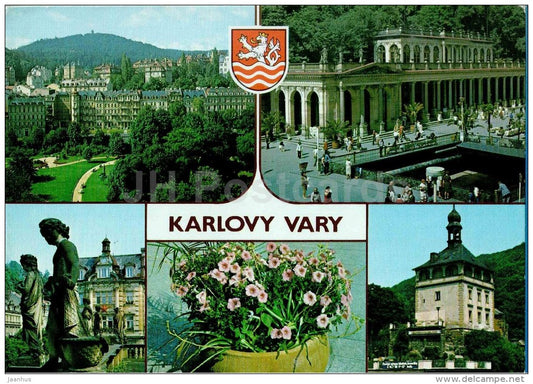 city views - sculpture - streets - Karlsbad - Karlovy Vary - Czech - Czechoslovakia - used 1981 - JH Postcards