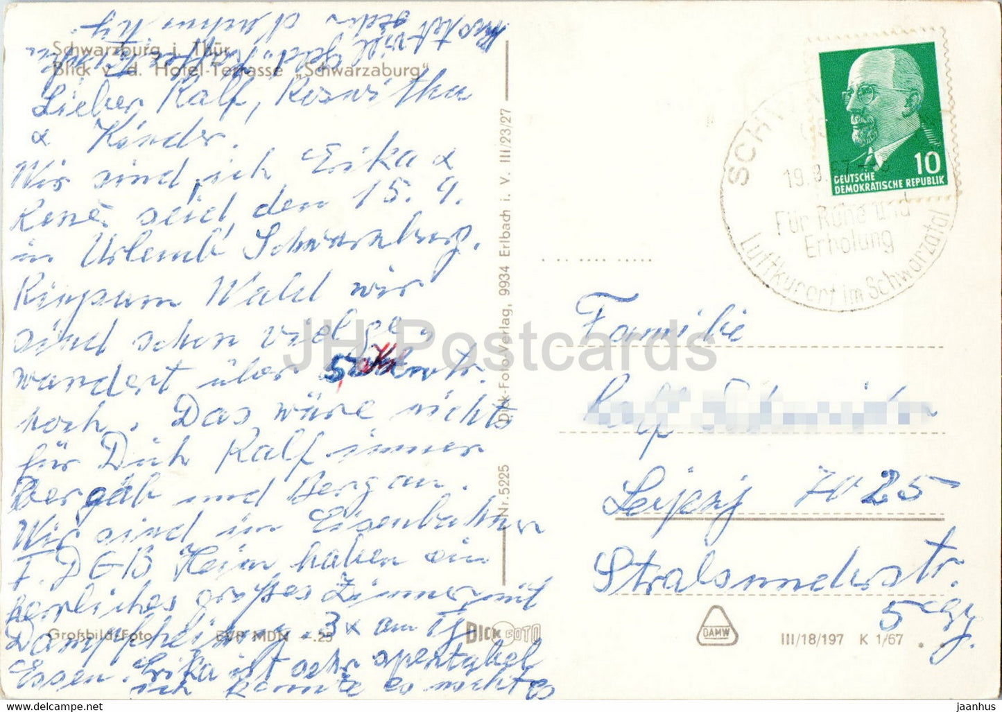 Schwarzburg i Thur - Blick vd Hotel Terrasse Schwarzburg - carte postale ancienne - 1967 - Allemagne DDR - utilisé