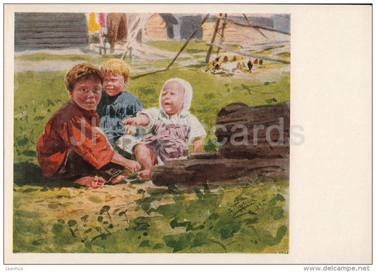 painting by V. Makovsky - Peasant children , 1895 - children - baby - Russian art - 1956 - Russia USSR - unused - JH Postcards