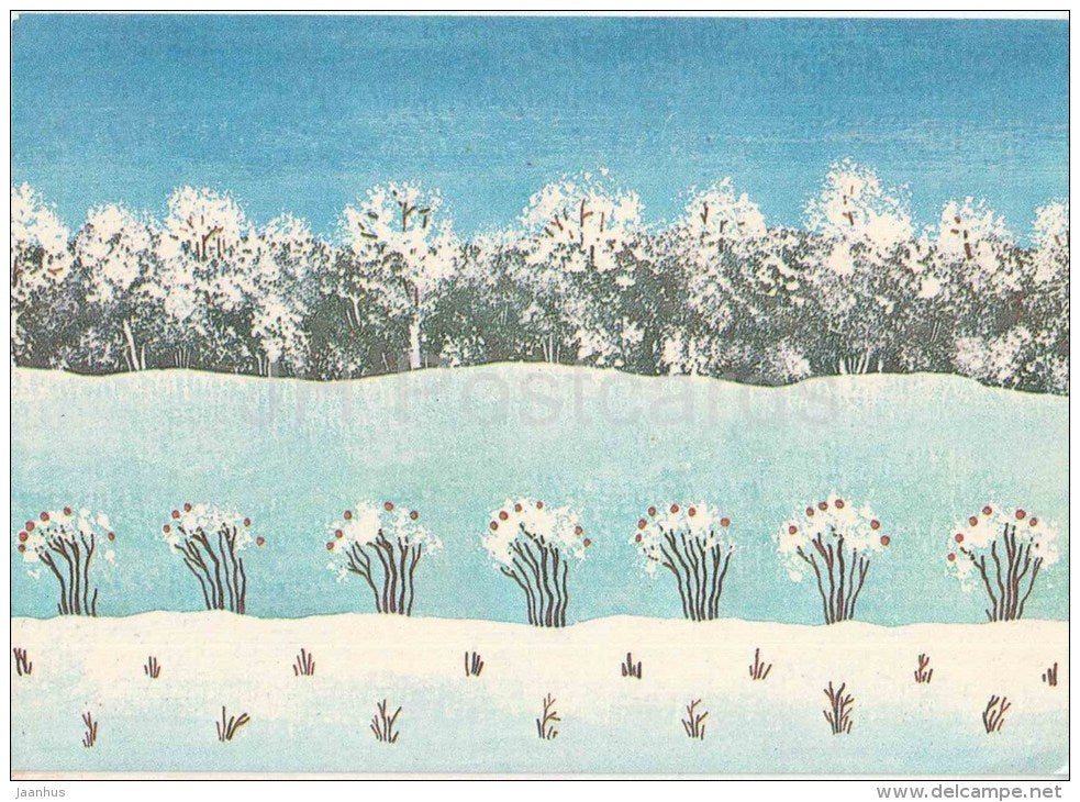 New Year Greeting card by J. Tammsaar - winter landscape - 1982 - Estonia USSR - used - JH Postcards