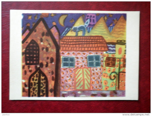 Town at Night - cat - moon - illustration by K. Küla - Juvenile Artists - 1970 - Estonia USSR - unused - JH Postcards