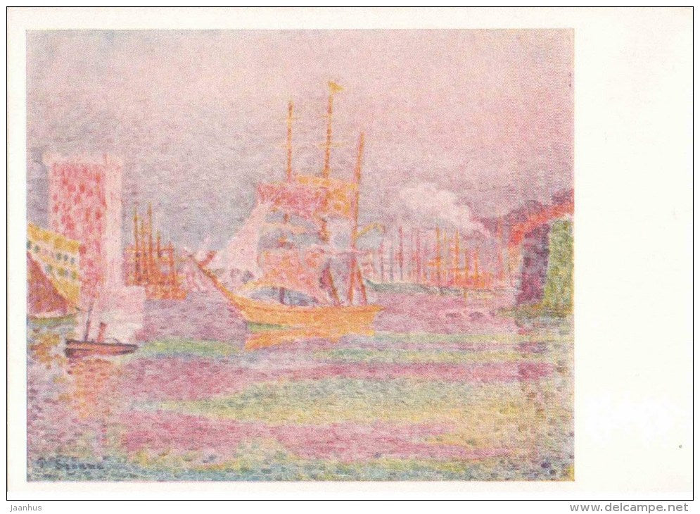 painting by Paul Signac - Harbour in Marseille - sailing ship - french art - unused - JH Postcards