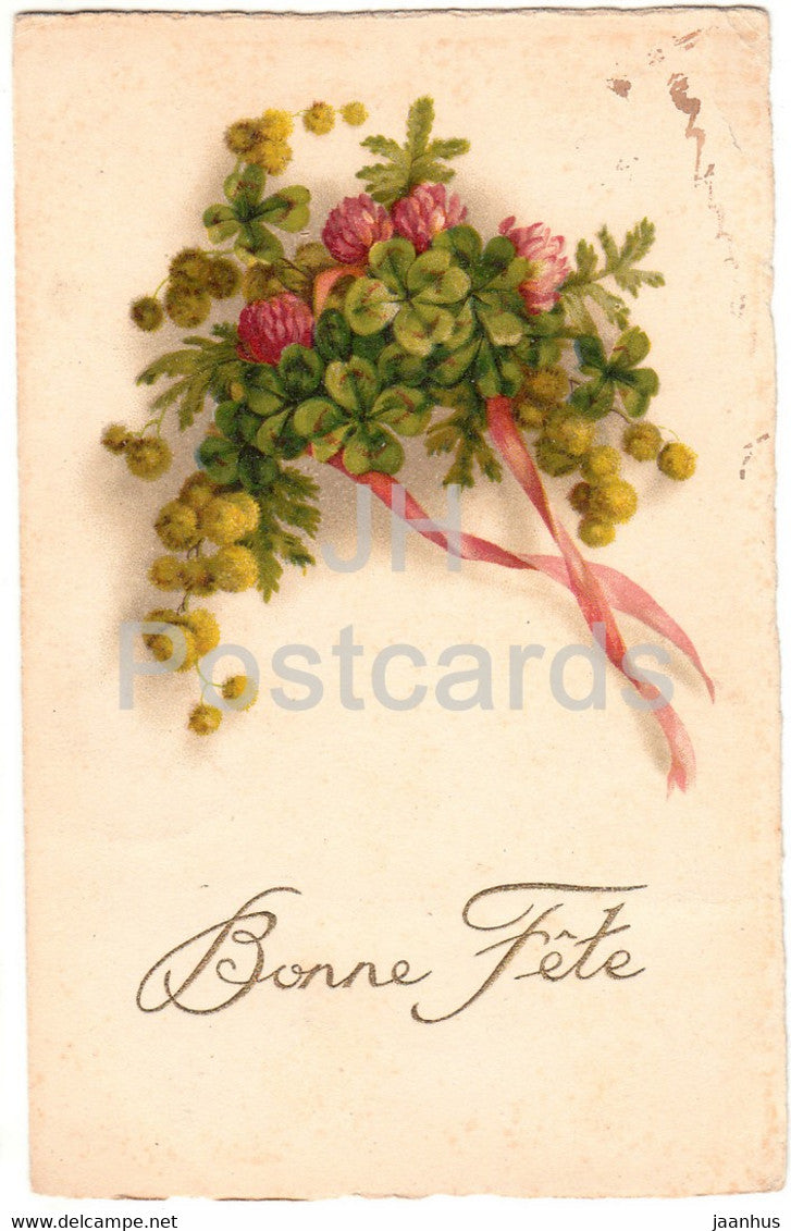 Birthday Greeting Card - Bonne Fete - yellow flowers - 7349 -  illustration - old postcard - France - used - JH Postcards