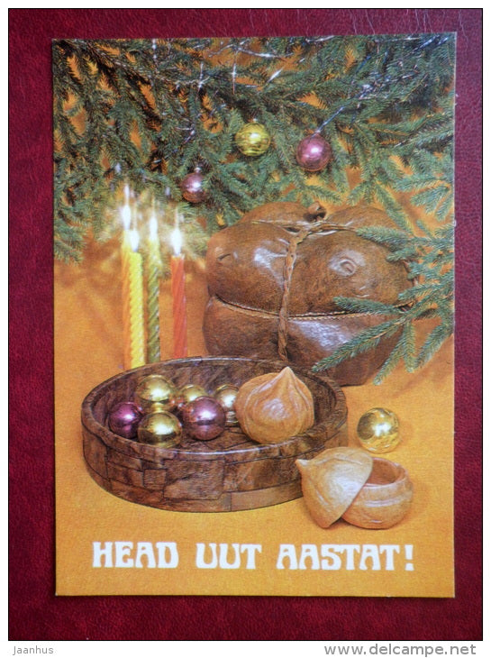 New Year Greeting card - decorations - candles - 1981 - Estonia USSR - used - JH Postcards