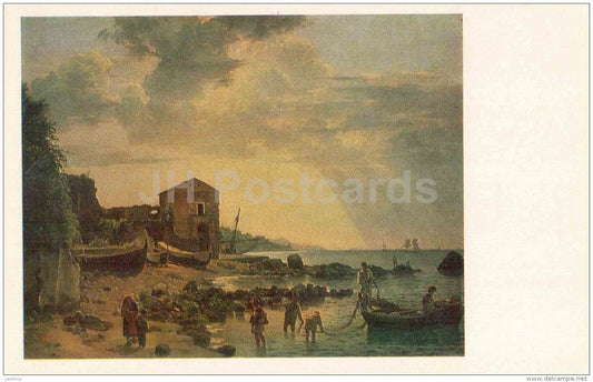 painting by Silvester Shchedrin - Seashore in Sorrento , 1826 - boat - Tretyakov Gallery - russian art - unused - JH Postcards