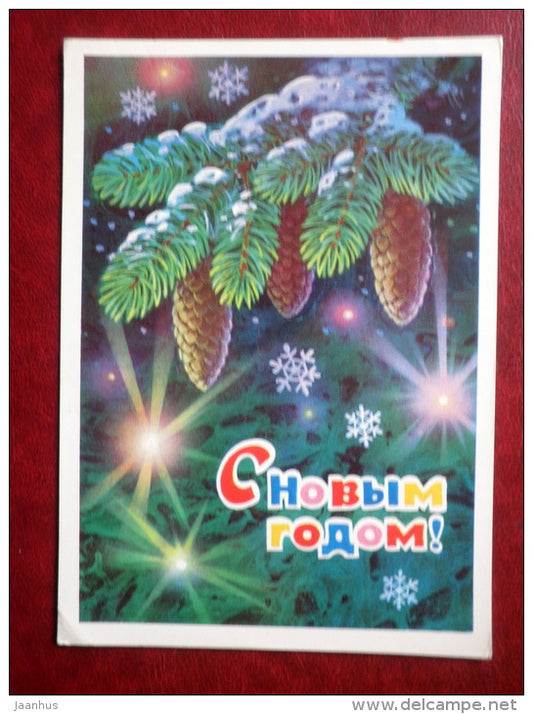 New Year Greeting card - by L. Kuznetsov - decorations - cones - 1976 - Russia USSR - used - JH Postcards