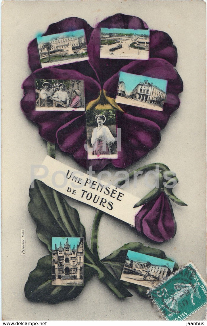 Une Pensee de Tours - flowers - old postcard - France - used - JH Postcards