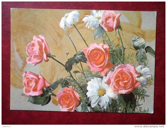 Greeting Card - red roses - daisies - flowers - 1970 - Russia USSR - used - JH Postcards