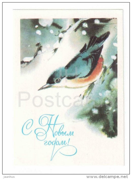 New Year Mini Greeting Card by V. Kanevsky - nuthatch - birds - 1984 - Russia USSR - unused - JH Postcards