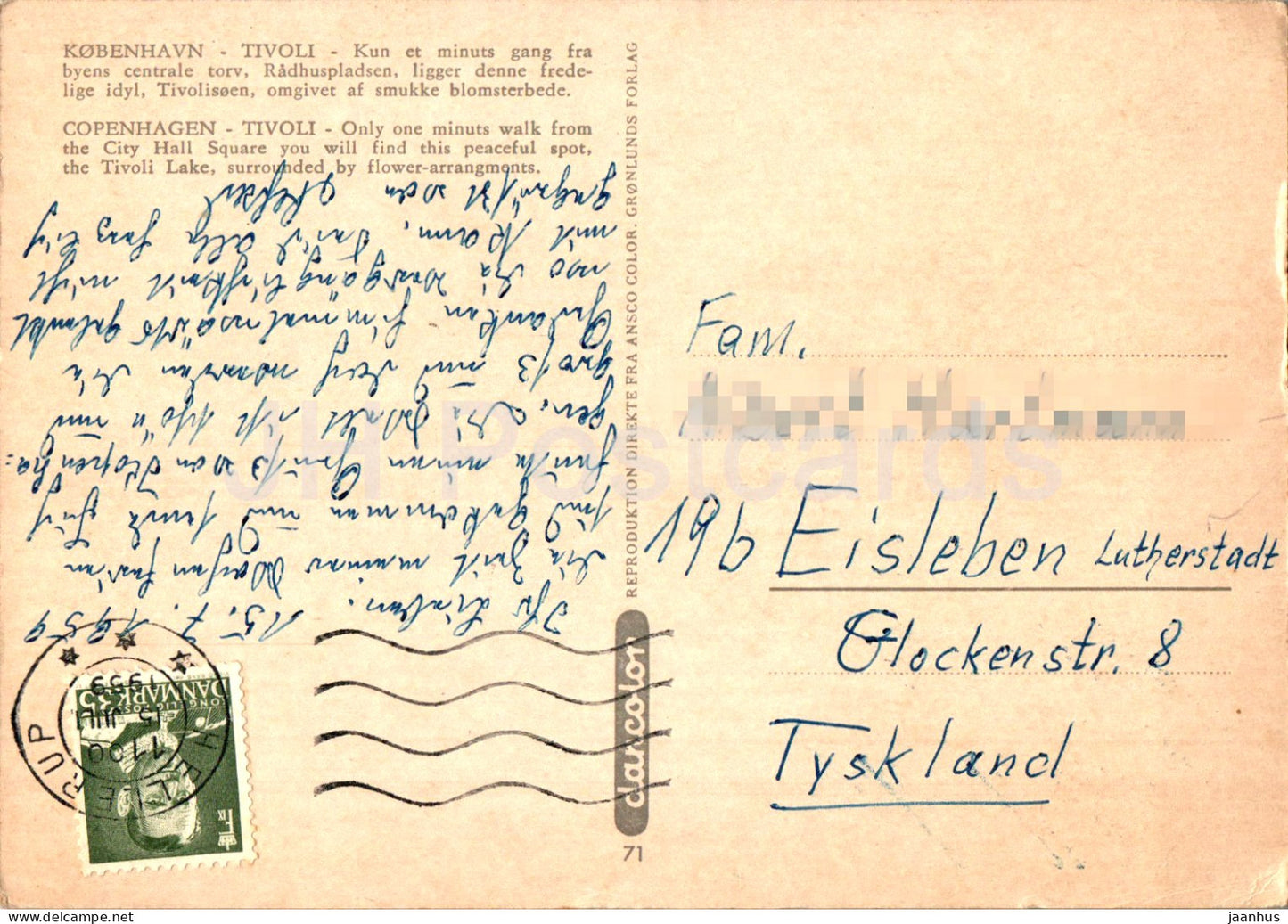 Copenhague - Kobenhavn - Tivolisoen - Lac Tivoli - carte postale ancienne - 71 - 1959 - Danemark - utilisé 