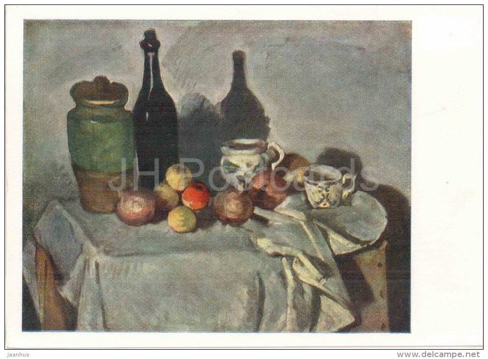 painting by Paul Cezanne - Still Life with Fruits and Bottle , 1869 - apples - french art - unused - JH Postcards