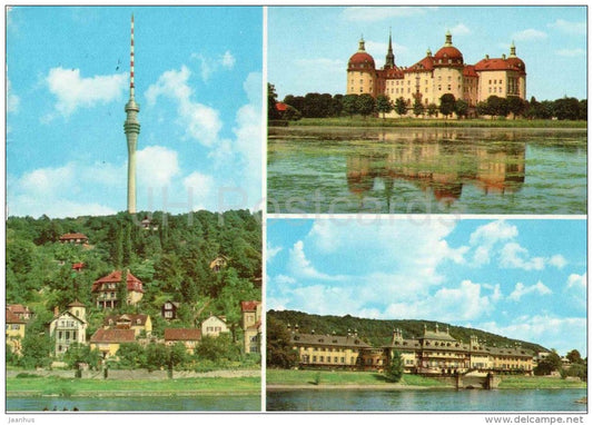 Dresden - Fernsehturm Wachwitz - Museum Schloss Moritzburg - Schloss Pillnitz - TV Tower - Germany - 1980 gelaufen - JH Postcards