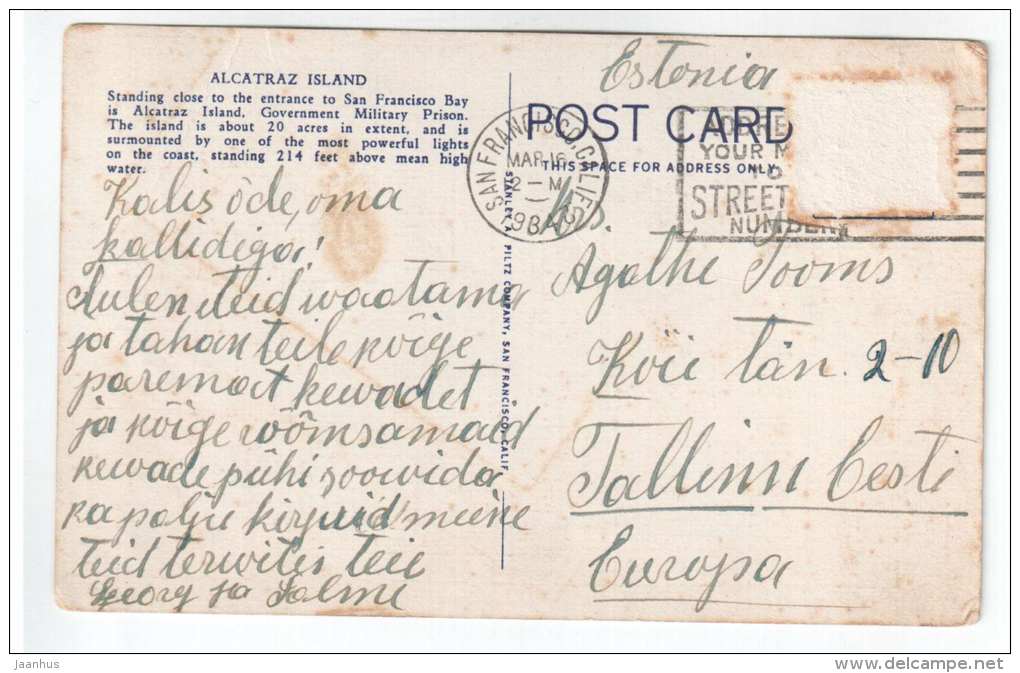 Alcatraz Island , San Francisco Island , California - passenger ship - 11 - to Estonia 1934 - old postcard - USA - used - JH Postcards