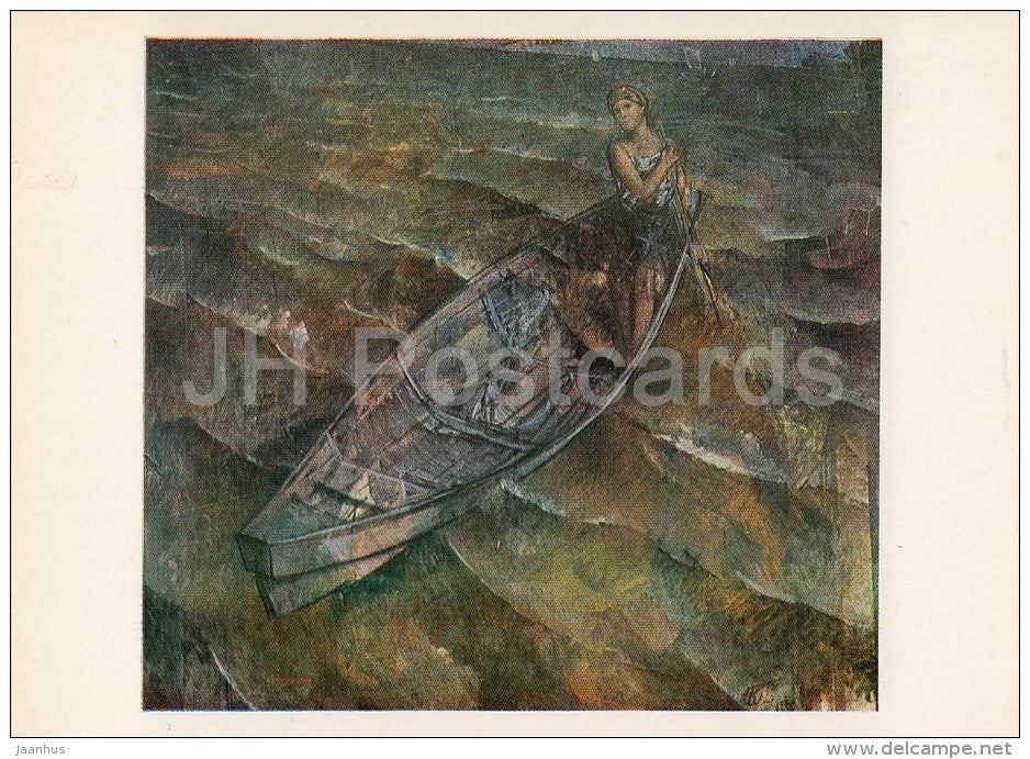 painting by K. Petrov-Vodkin - Collective farmer on the lake Ilmen , 1936 - Russian art - Russia USSR - 1980 - unused - JH Postcards