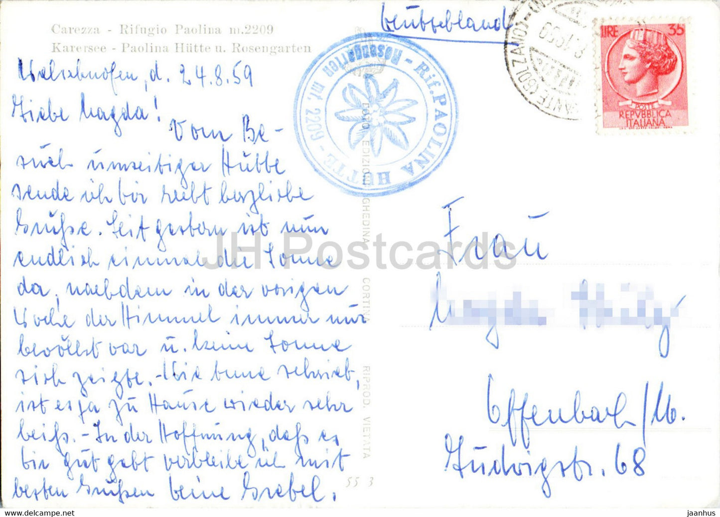 Carezza - Rifugio Paolina - Karersee - Paolina Hutte u Rosengarten - alte Postkarte - 1959 - Italien - gebraucht