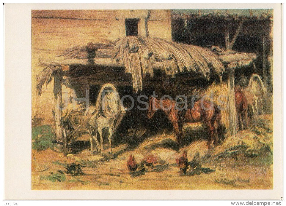 painting by K. Savitsky - At The Mill , 1902 - horses - chicken - Russian art - 1982 - Russia USSR - unused - JH Postcards