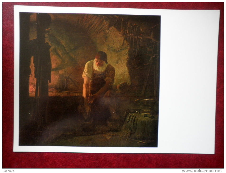 large format postcard - painting by Adolph Schrödter , The Blacksmith`s Shop , 1838 - german art - unused - JH Postcards