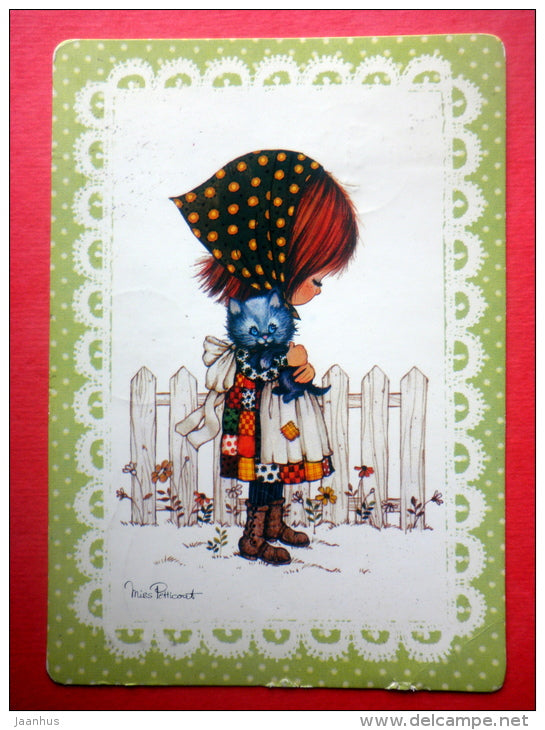 illustration by Miss Petticoat - cat - kitten - girl - Jotuni - Germany - sent from Finland Turku to Estonia USSR 1980 - JH Postcards