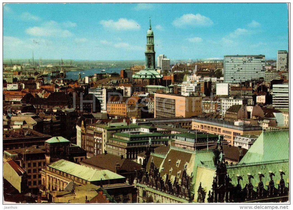 Blick über die City auf St. Michaelskirche und Hafen - church - port - Germany - 1977 gelaufen - JH Postcards