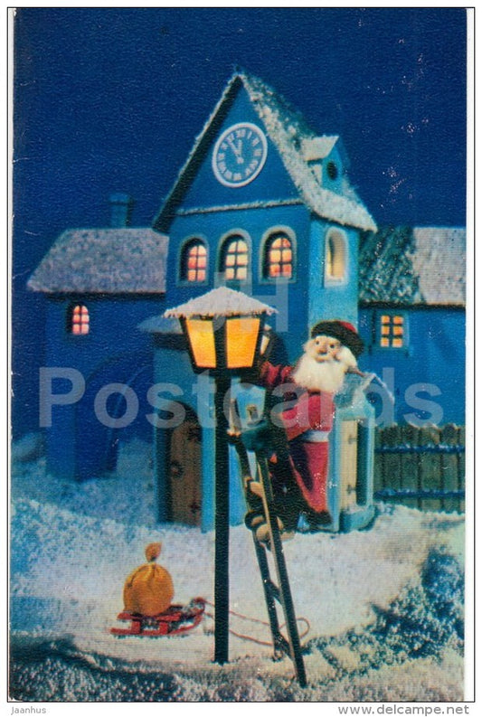 New Year greeting card - lantern - Ded Moroz - Santa Claus - sledge - 1979 - Russia USSR - used - JH Postcards