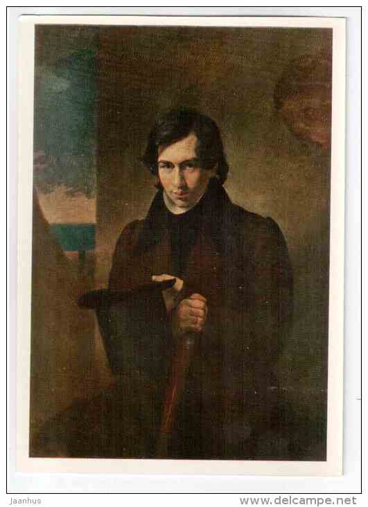 painting by Karl Bryullov - portrait of the writer N. Kukolnik , 1836 - walking stick - hat - Russia USSR - unused - JH Postcards