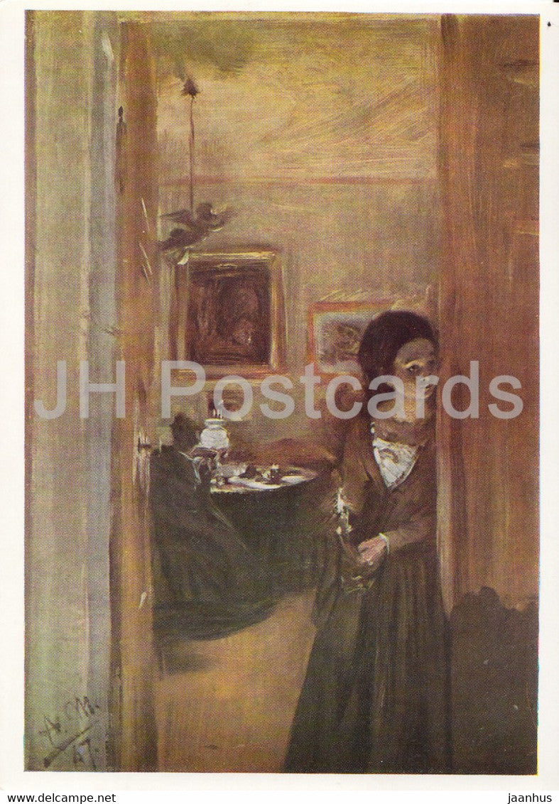 painting by Adolph von Menzel - Die Schwester des Kunstlers - Artist Sister - 1584 - German art - Germany - unused - JH Postcards