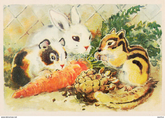 illustration by L. Gamburger - rabbit - Chipmunk - animals - Postcards for Children - 1984 - Russia USSR - unused - JH Postcards