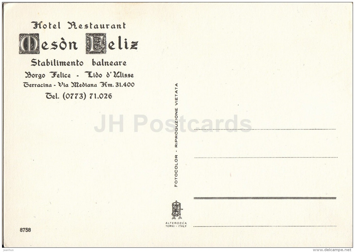 Hotel Restaurant Meson Feliz - Terracina - 8758 - Italy - Italia - unused - JH Postcards