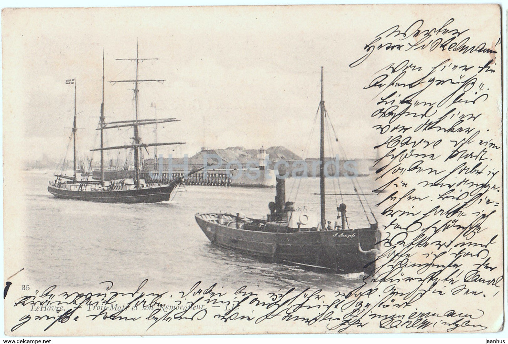 Le Havre - Trois Mats et son Remorqueur - sailing ship - boat - 35 - old postcard - 1902 - France - used - JH Postcards