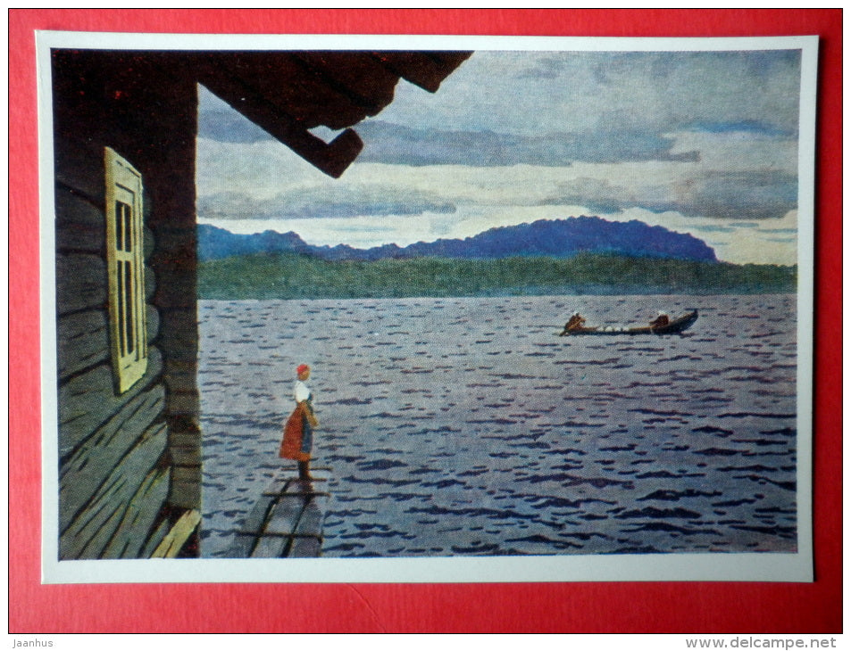 painting by Myud Mechev - Lakeland , 1963 - boat - woman - russian art - unused - JH Postcards