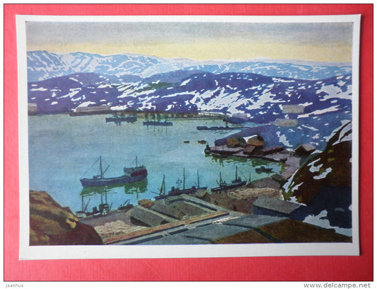 painting by Myud Mechev - Polar Harbor , 1961 - boat - fishing ship - russian art - unused - JH Postcards