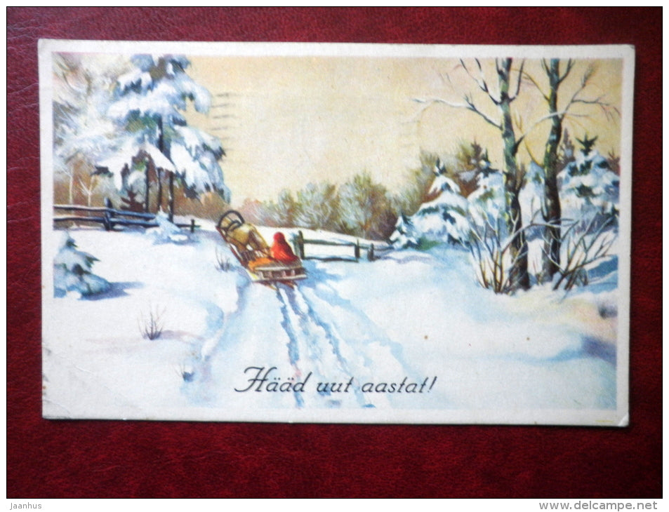 New Year Greeting Card - winter landscape - sledge - horse - IL - circulated in 1939 , Tallinn - Estonia - used - JH Postcards