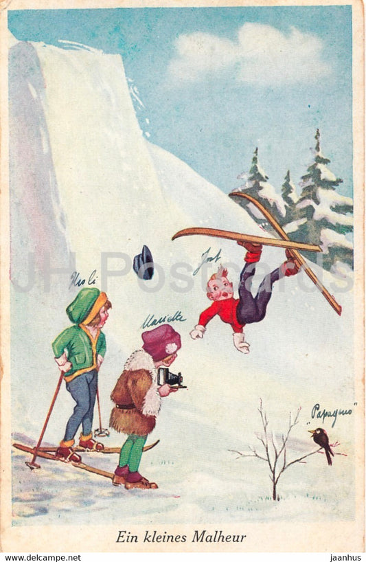 Ein Kleines Malheur - skiing - children - illustration - WSSB Serie 9555/1 -  old postcard - 1928 - Germany - used - JH Postcards