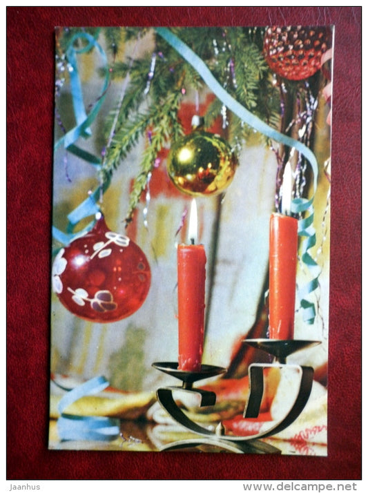 New Year greeting card - decorations - candles - 1969 - Russia USSR - used - JH Postcards