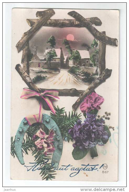 New Year Greeting Card - horseshoe - town - flowers - 867 - old postcard - circulated in Estonia - used - JH Postcards