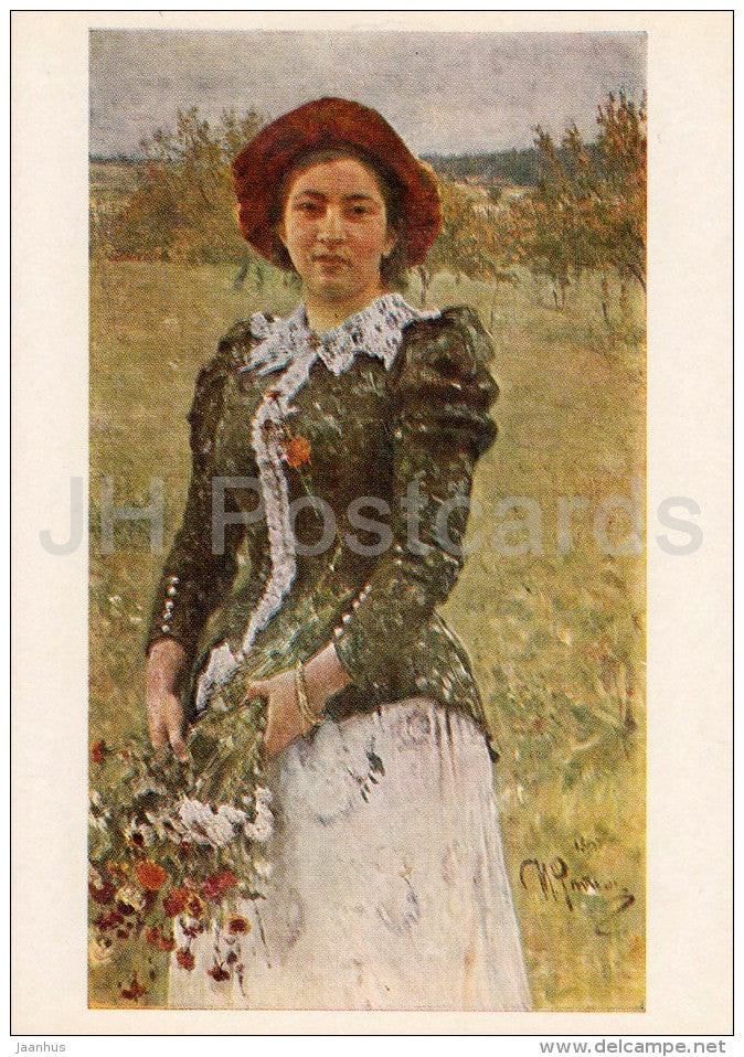 painting by I. Repin - Autumn Bouquet  , 1892 - woman - hat - Russian art - Russia USSR - 1980 - unused - JH Postcards