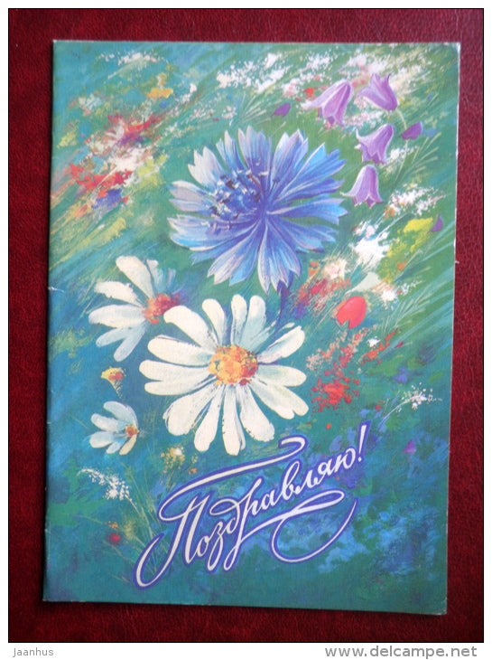 Greeting Card - by N. Korobova - cornflower - daisy - flowers - 1984 - Russia USSR - used - JH Postcards