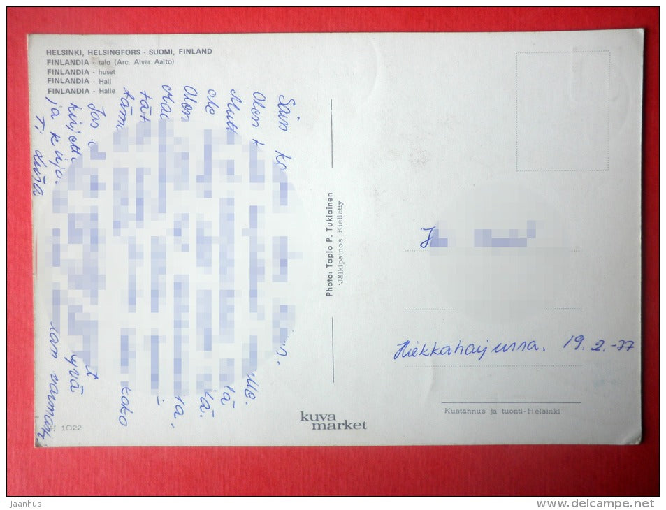 Hall - Helsingfors - Helsinki - H 1022 - Finland - circulated in Finland 1977 - JH Postcards