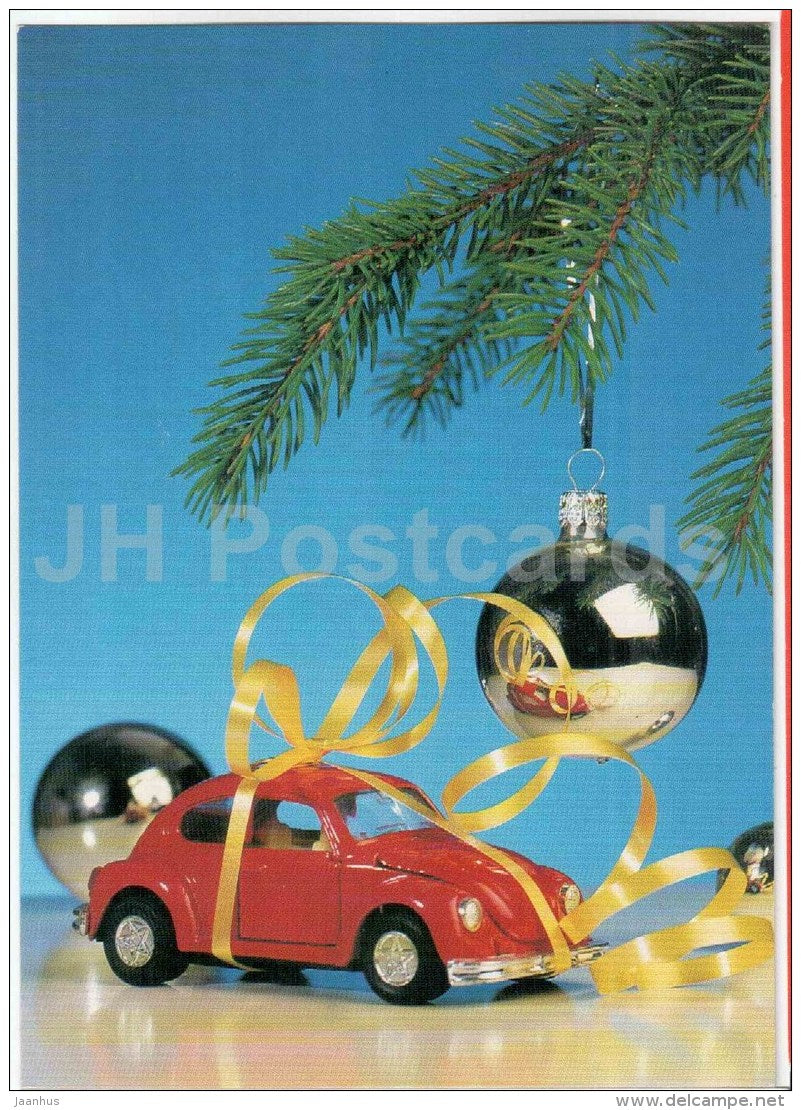 Christmas Greeting Card - decorations - play car - Volksfagen Beetle - Estonia - used in 1994 - JH Postcards